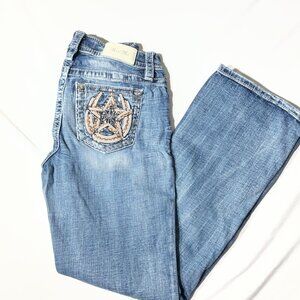 Miss Me Womens Distressed Blue Bootcut Jeans Size 27 Star Embellished Back Pocke
